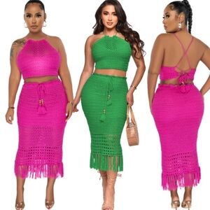 Vibrant Hot Pink Crochet Halter Skirt Set